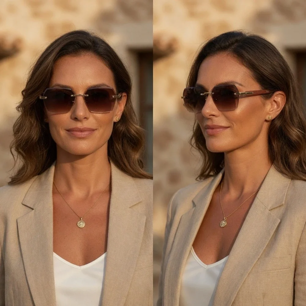 Women Rimless Sunglasses Brown Gradient Lens Gold Accents Wood Arm Sophisticated